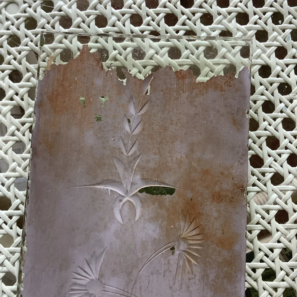 Antique Architectural Salvage Floral Decorative Etched Glass Mirror Side Lights